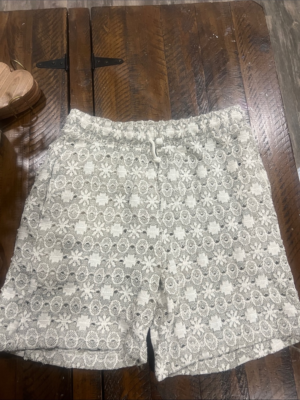 Zara High-Waist Lace-Pattern Drawstring Shorts - Cream & Light Gray